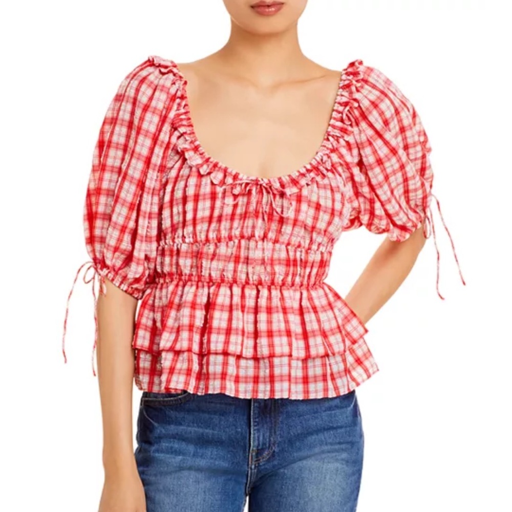 En Saison Red and White Plaid Blouse